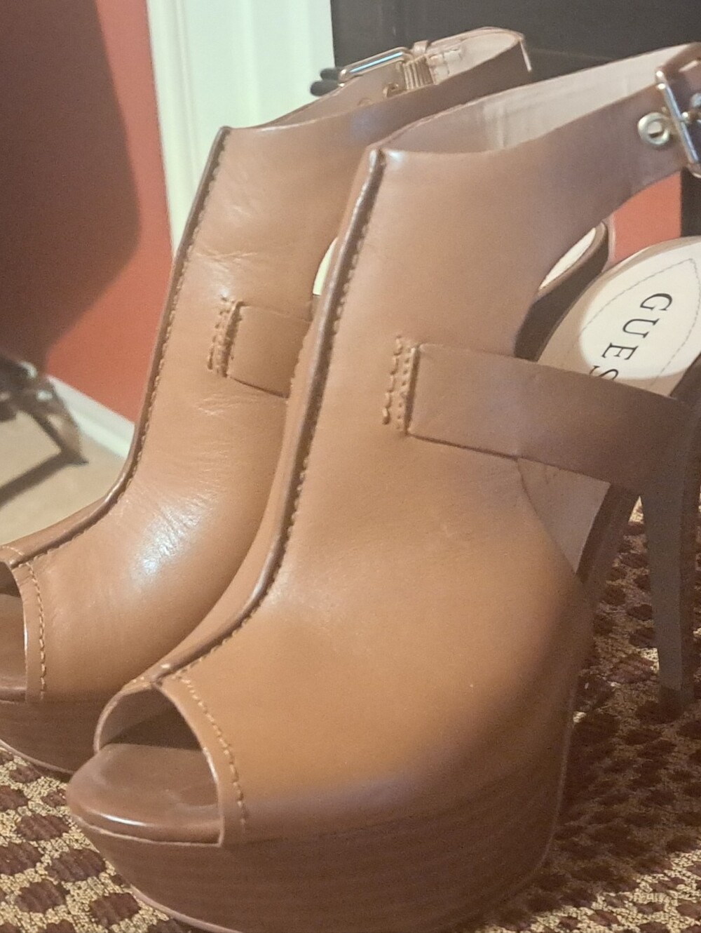 Guess Brown Leather Peep-Toe Platform Heels